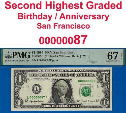1995年 1ドル 連邦準備銀行券 PMG 67EPQ 希望 シリアル番号 87 誕生日記念日