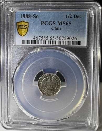 1888-So チリ シルバー 1/2 デシモ (メディオ デシモ) PCGS MS65 (026)