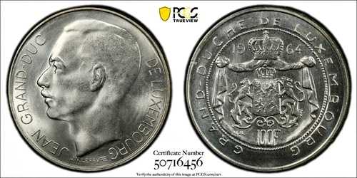 1964年 ルクセンブルク 100フラン 銀貨 ジャン・アドベント・トゥ・ザ・スローン PCGS MS 66