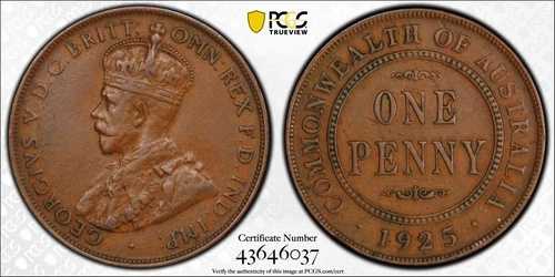 1925年 オーストラリア ペニー PCGS XF45 ブロンズコイン 1D キーデート ジョージ5世 ゴールドシールド