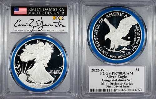 2022-W プルーフ シルバー イーグル コングラチュレーションズ FDOI デザイナーシリーズ ダムストラ PCGS PR70