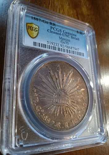 1887年製 ゴ・メキシカン 8レアル、グアナファト造幣局、PCGS UNC詳細、クリーニング後、調色済み