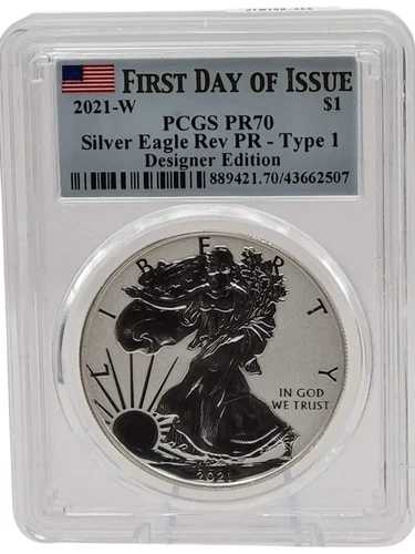 2021年 W アメリカン シルバー イーグル、T-1、リバース プルーフ、PCGS PF 70、発行初日