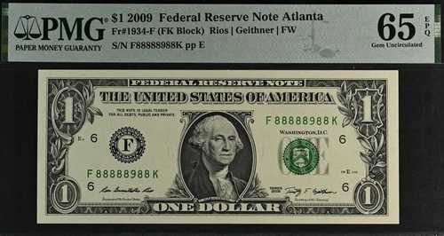 2009年 $1 FRN アトランタ PMG 65EPQ ジェム FK ブロック ニアソリッド シリアル番号 88888988