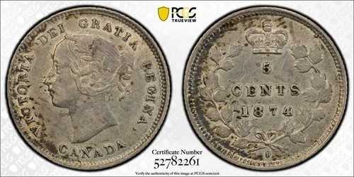 1874-H カナダ 5セント PCGS AU50 ロット#G314 シルバー！ラージデイト、クロスレット「4」