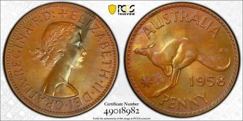 *** PCGS *** オーストラリア *** 1 ペニー 1958 *** プルーフ *** PF64 *** 非常に希少 *** p2