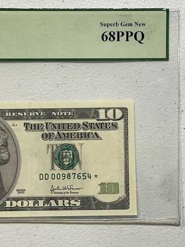 PCGS 68 PPQ $10 シリーズ 2003 ラダー シリアル番号 スターノート 00987654
