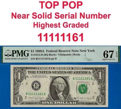 1988A $1 ニューヨーク FRN PMG 67EPQ トップポップファンシーニアソリッド シリアルナンバー 11111161