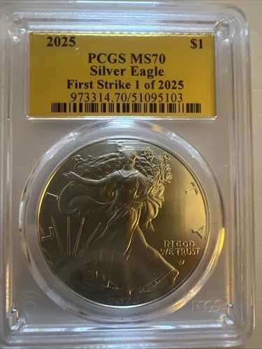 2025年 アメリカンシルバーイーグル PCGS MS-70 ファーストストライク 1/2025 ゴールドフォイルラベル