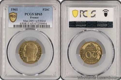 M9932 レア フランス 20 サンタイム エッサイ デュドネ 1961 PCGS SP65 -＞ オファーする-