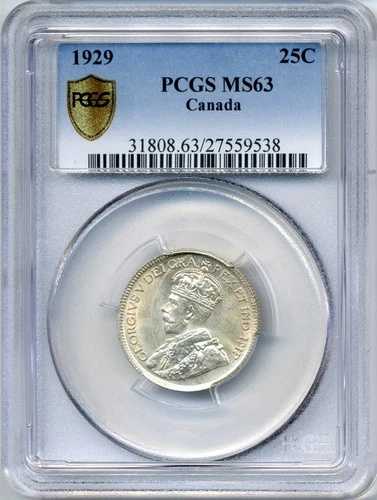 1929年カナダ25セント - チョイスアンサーキュレート、PCGS MS 63