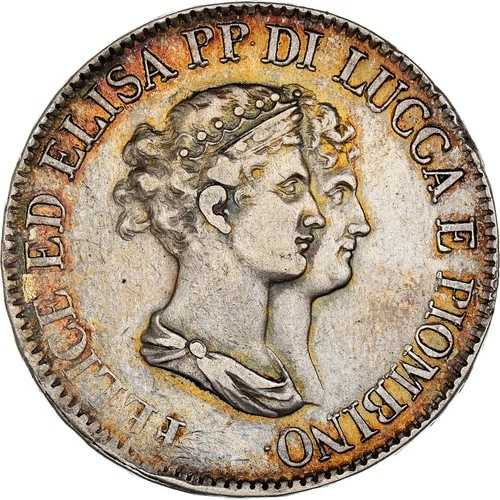 [#908742] コイン、イタリア州、ルッカ、フェリックスとエリサ、5 フランキ、1807 年、フィレンツェ