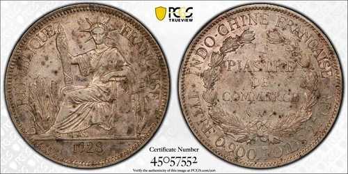 F112 フランス領インドシナ 1928-A ピアストレ Lec-287 PCGS XF45