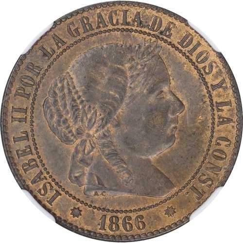 スペイン 1866B-OM 2 1/2 センティモス デ エスクード クイーン イザベル 2 世 NGC MS64RB｜WORLD RESOURCE【QUEEN店】