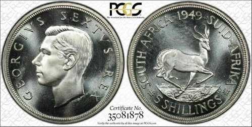 南アフリカ、1949年ジョージ6世5シリング、5シリング、クラウン。PCGS PL 66。