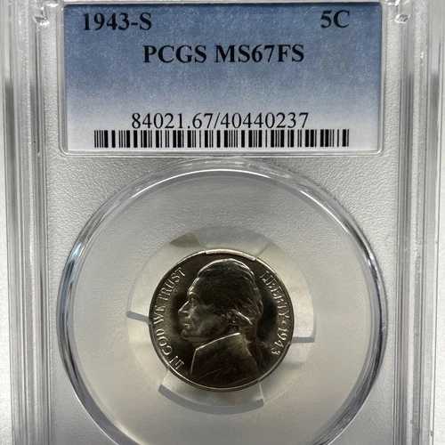 1943-S ジェファーソン シルバー ニッケル（PCGS MS67 FS 認定） - QA ステッカー