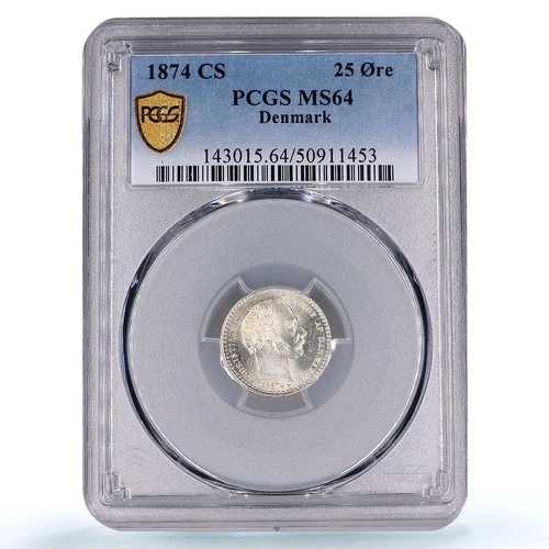 デンマーク 25オーレ クリスチャン9世 貨幣 KM-796 MS64 PCGS 銀貨 1874年