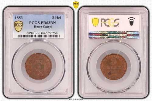 ヘッセンカッセル 3 ヘラー 1853 プルーフ ポリッシュ プレート PCGS PR63BN レア NSWライプツィヒ｜WORLD RESOURCE【QUEEN店】