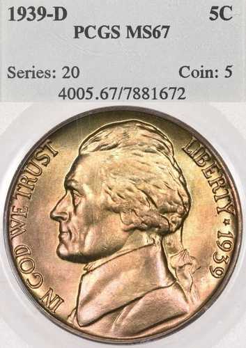 1939-D 5C 1940 PCGS MS67 ジェファーソンニッケルの裏面 - トーン