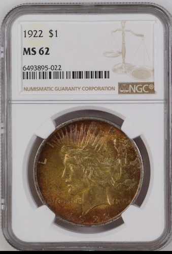 1922年銀貨ピースダラーPCGS MS62、カラフルな色調。T3191