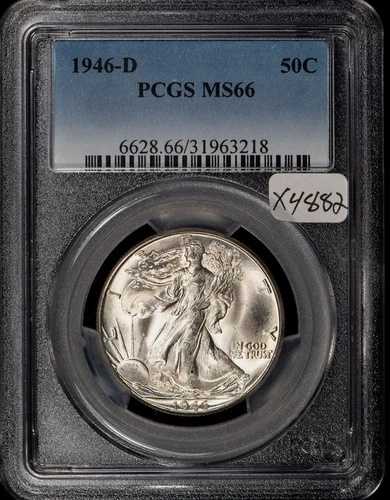 :1946-D 50セント ウォーキング・リバティ・ハーフダラー ほぼ極上 シミなし PCGS MS66(FSTB) R2