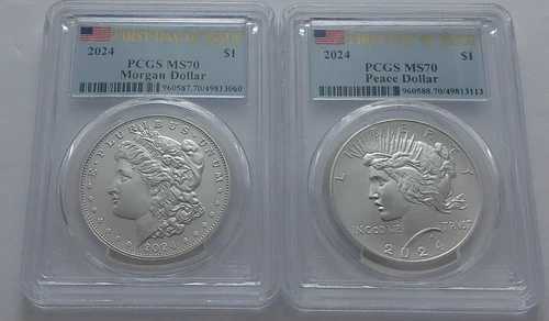 2024年 PCGS シルバー ピース＆モルガン ダラー 2枚セット MS70 発行初日 FDOI 84,700円