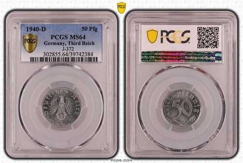 *それ以上の金額なし* PCGS MS64 1940-D 50 ペニヒPfg ドイツ、第三帝国 J-372 WW2 84,700円