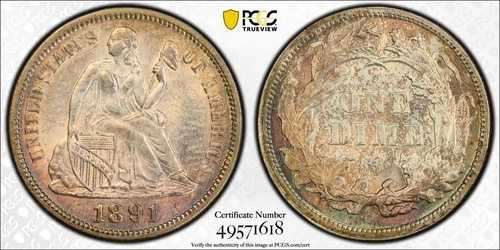 1891年 P リバティ シーテッド ダイム PCGS MS-63 レインボートーン