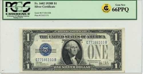 1928B 1ドル銀貨証明書 FR#1602 PCGS GEM 66 PPQ GCCゴールド