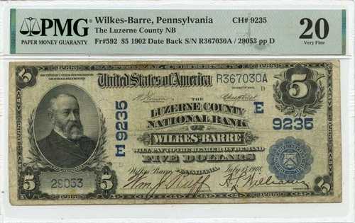 1902 $5 ルザーン郡国立銀行 ペンシルベニア州ウィルクス・バリ CH#9235 PMG VF20