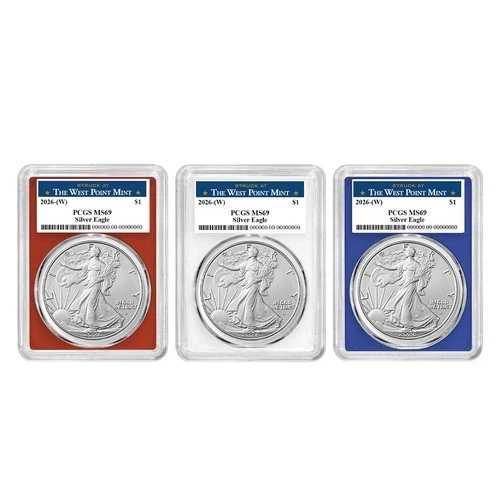 2026年 (W) 1ドル アメリカン シルバー イーグル 3枚セット PCGS MS69 ウェストポイント ラベル レッド ホワイト