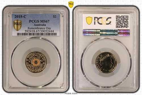 2015年 戦没者追悼記念日 $2 'C' ミントマーク オレンジカラーコイン PCGS MS67 鑑定済み