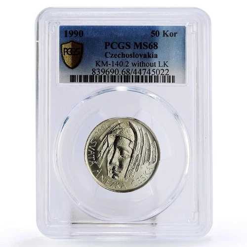 チェコスロバキア 50コルナ 聖アグネス 署名なし LK MS68 PCGS 銀貨 1990年