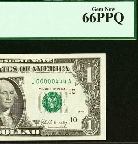 1969B $1 カンザスシティ FRN PCGS 66PPQ ファンシーロー シリアルナンバー 00000444