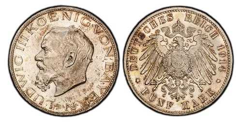 ドイツ製 聖バイエルン金貨。ルートヴィヒ3世。1914-D AR 5マルク。PCGS MS64 ミュンヘン。J-53; AKS 29。