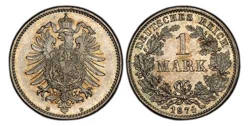 ドイツ帝国。ヴィルヘルム1世。1874-D ARマーク。PCGS MS66 ミュンヘン KM 7; J-9。