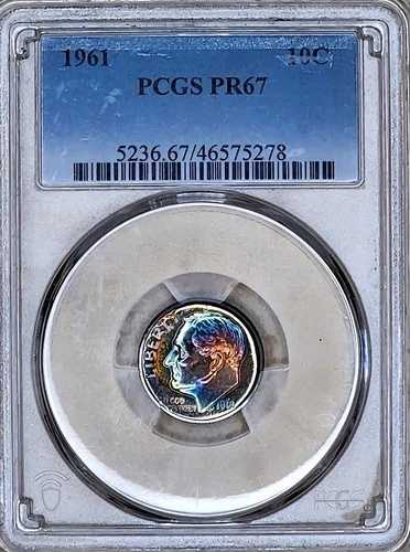 1961年 10セント ??レインボートーン プルーフ ルーズベルト ダイム PCGS PR-67??両面 ??トーン