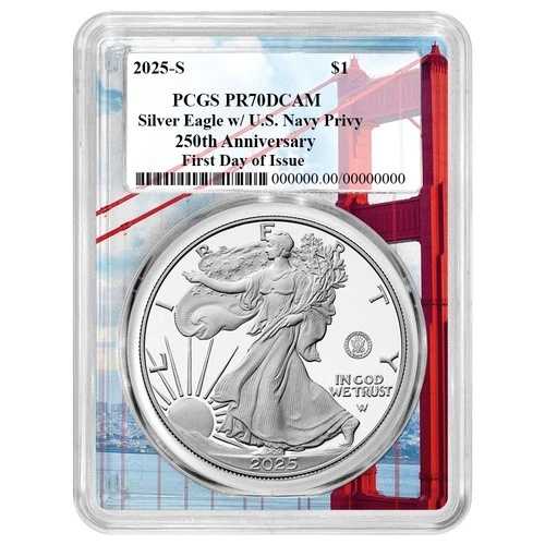 2025-S プルーフ $1 アメリカン シルバー イーグル ネイビー プリヴィ PCGS PR70DCAM FDOI ゴールデンゲート