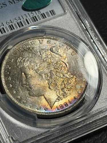 ??1884-O PCGS MS64 CAC モルガン銀貨 - 両面レインボートナー - PQ ??