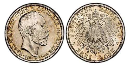 ドイツのSTシュヴァルツブルク・ゾンダースハウゼン。カール・ギュンター。 1909-A AR 3 マーク。 PCGS MS64｜WORLD RESOURCE【QUEEN店】 102,850円