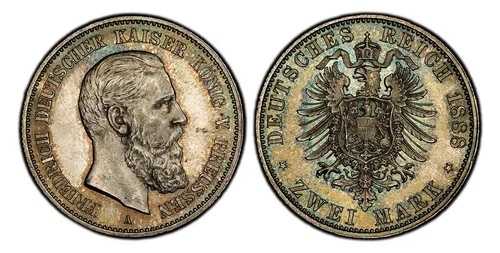 ドイツ、プロイセン。フリードリヒ3世。1888-A AR 2マルク。PCGS MS65。J-98。