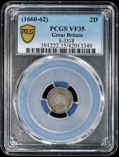 1660-62年 チャールズ2世 イギリス 銀貨 2D 2ペンス S-3318 PCGS VF35 KM 401