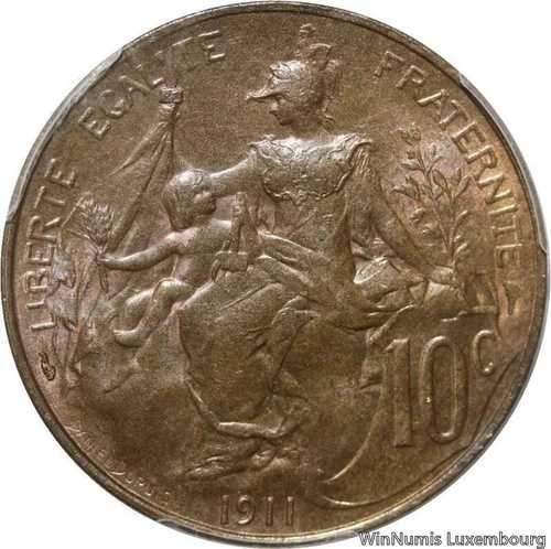 F3718 希少 フランス 10 サンタイム デュピュイ 1911 PCGS MS65 コル・クライン -＞オファー-