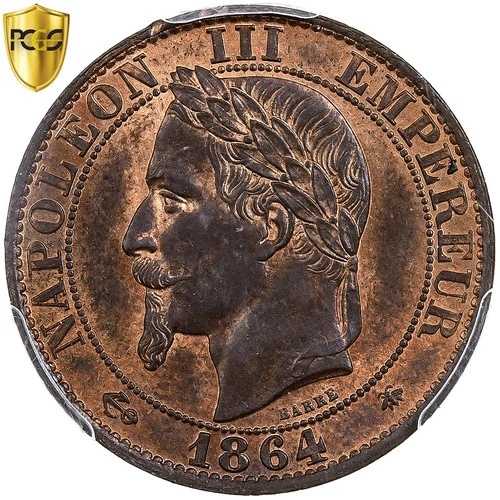[#482778] フランス、ナポレオン 3 世、5 サンタイム、1864 年、パリ、ブロンズ、PCGS、MS64RB