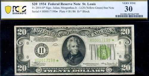 HGR 1934 $20 セントルイス FR.2054-H* **STAR** ((希少なライムシールSTAR)) PCGS VF-30