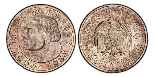 ドイツ、第三帝国。 1933-A AR 5 ライヒスマルク。 PCGS MS64。マルティン・ルター