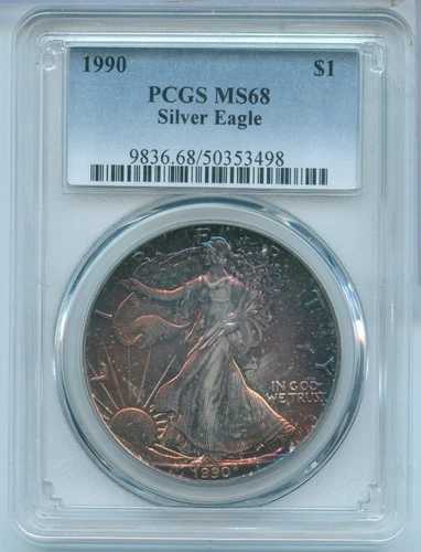 1990年 アメリカン シルバー イーグル 1オンス 999 PCGS MS68 トーニングトーン -ST168-