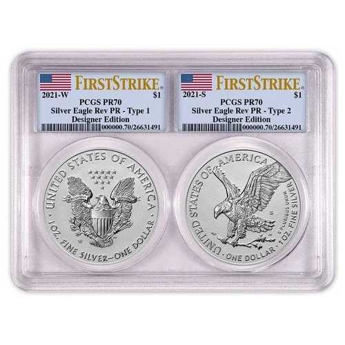 2021年 リバースプルーフ アメリカンシルバーイーグル デザイナー 2点セット PCGS PR70 FS フラッグ｜WORLD RESOURCE【QUEEN店】