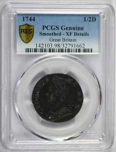 1744年 イギリス 銅貨 1/2ペニー PCGS XF-40 スムージング済み
