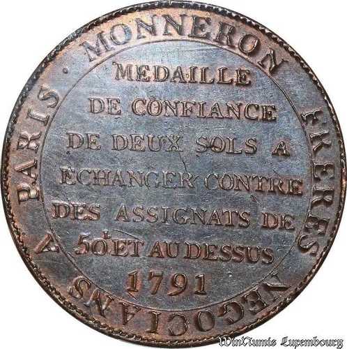 C0439 レア フランス 2 ソル モヌロン 3 年 リベルテ 1791 PCGS AU58 -＞ オファーする- 68,365円